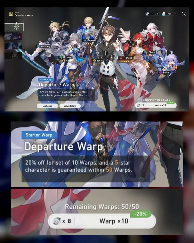 HSR Departure Warp showing ten pulls only discount and guaranteed standard five star character
