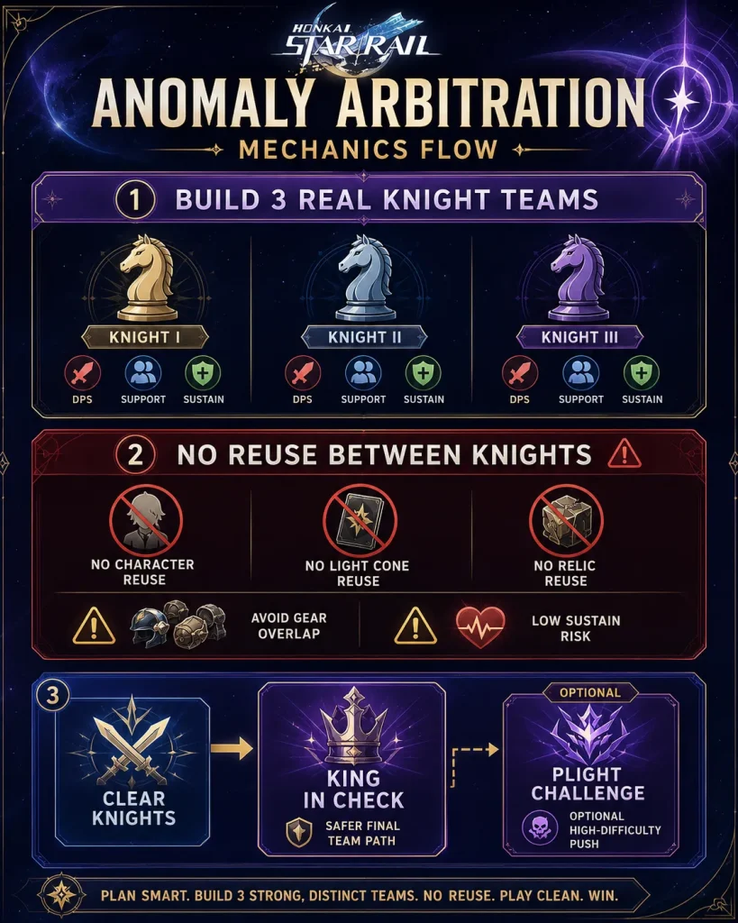HSR Anomaly Arbitration mechanics flow with unique Knight teams Relics Light Cones and King in Check