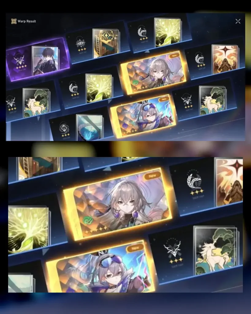 Real HSR reroll attempt showing an early five star result and Warp records