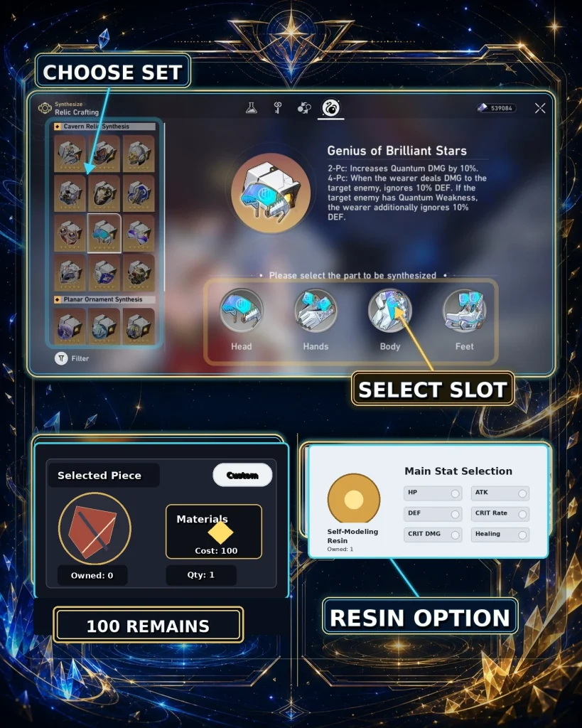 HSR Relic Remains synthesis for a selected relic set and slot