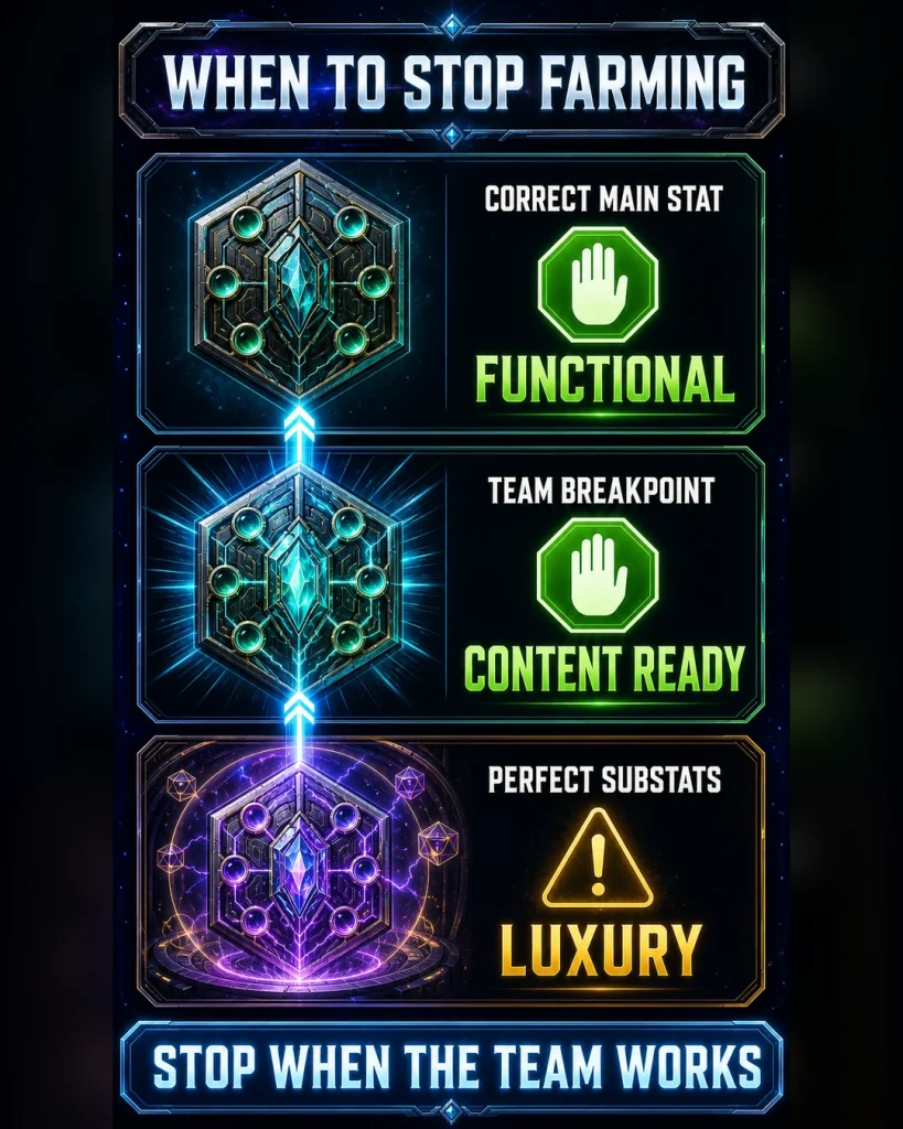 HSR Relic farming stop rule from main stats to luxury optimization
