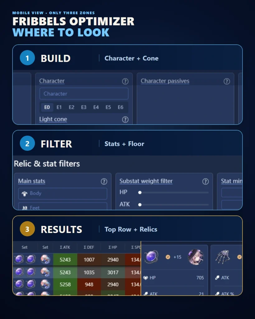 Fribbels HSR relic optimizer character settings and build results interface