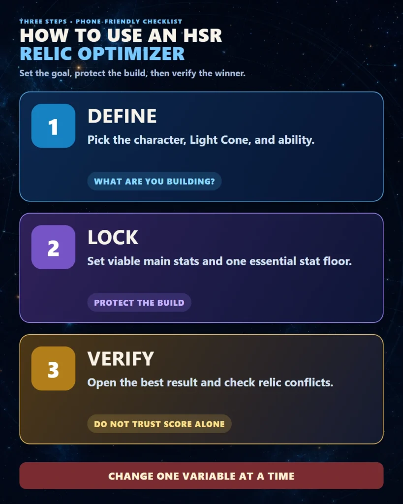 How to use an HSR relic optimizer with character settings stat filters and results
