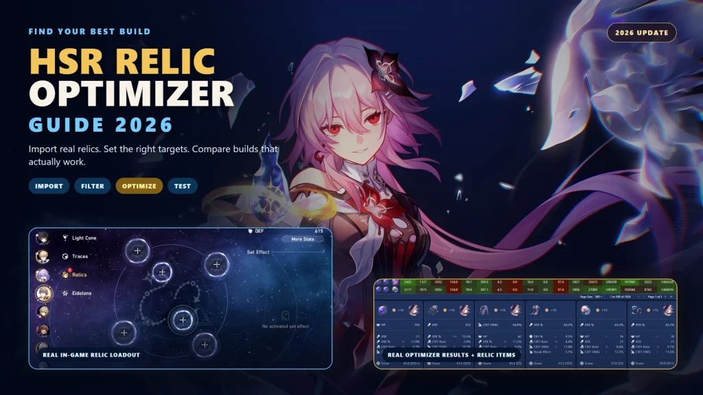 HSR relic optimizer guide showing relic inventory and character build comparison