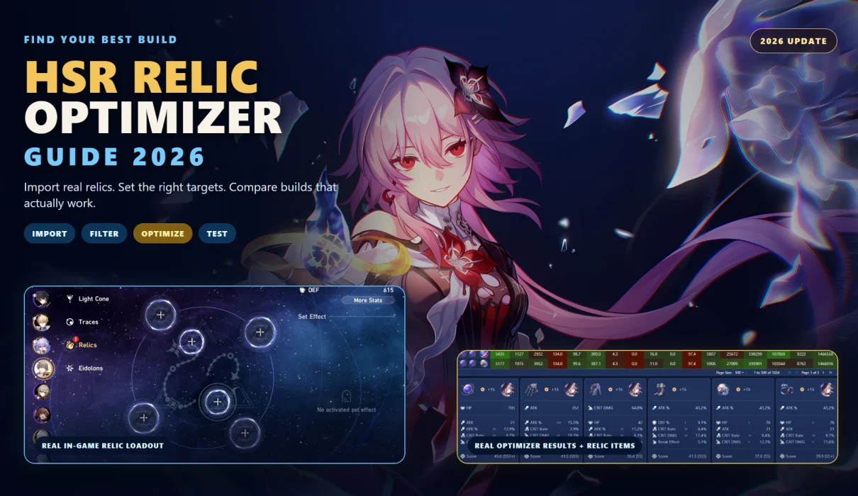 HSR relic optimizer guide showing relic inventory and character build comparison