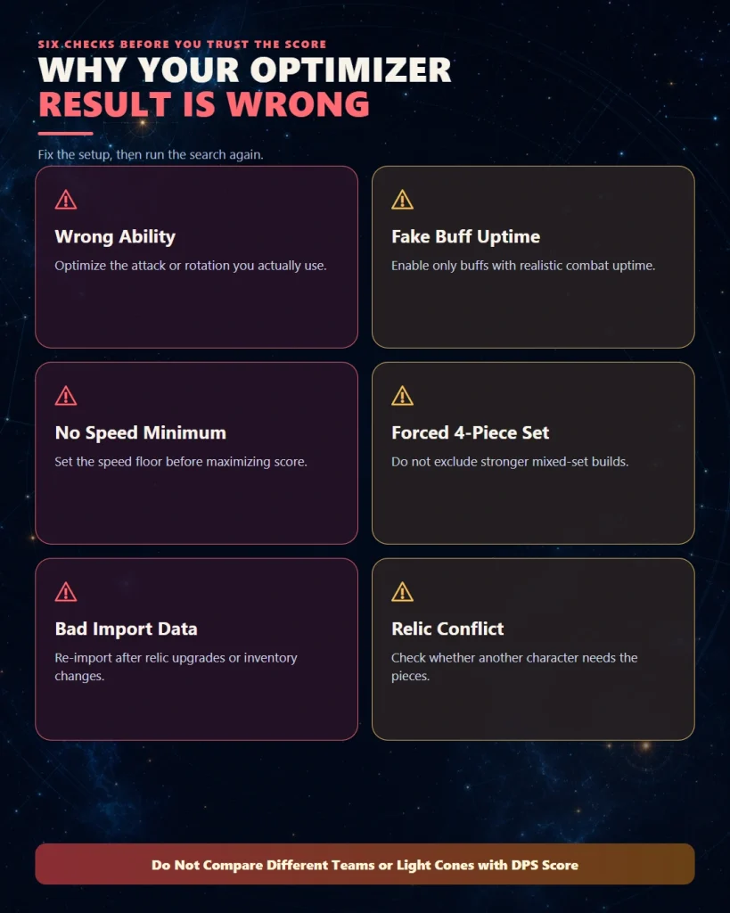 Common HSR relic optimizer mistakes including wrong stats buffs and set filters