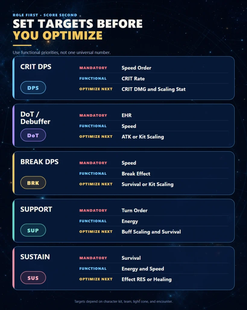 HSR relic optimizer stat targets for crit speed break effect and support builds