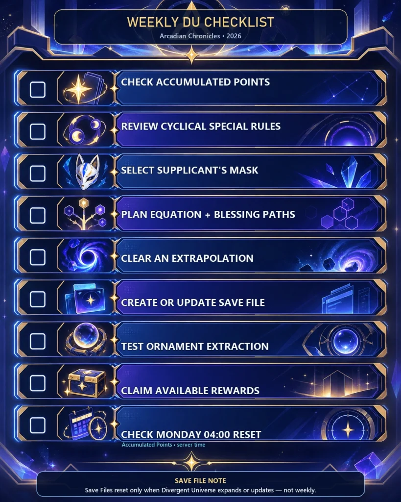 HSR Divergent Universe weekly checklist for Cyclical Extrapolation rewards and Save Files