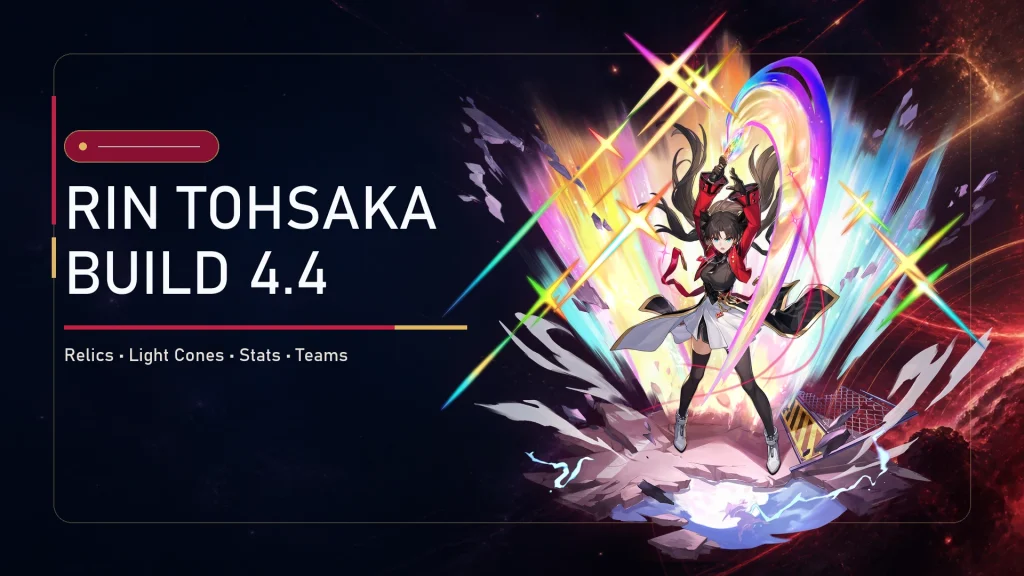 Rin Tohsaka beside a summary of her recommended relics, Light Cone, stats, and teams for HSR 4.4