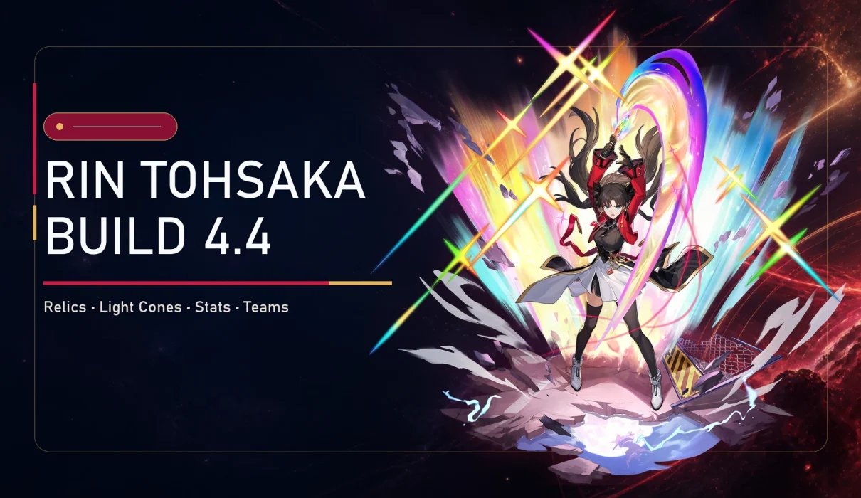 Rin Tohsaka beside a summary of her recommended relics, Light Cone, stats, and teams for HSR 4.4