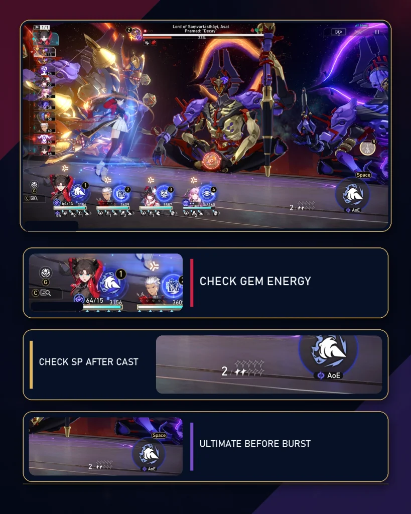 Rin’s battle UI showing Gem Energy, Enhanced Skill availability, and current Skill Points