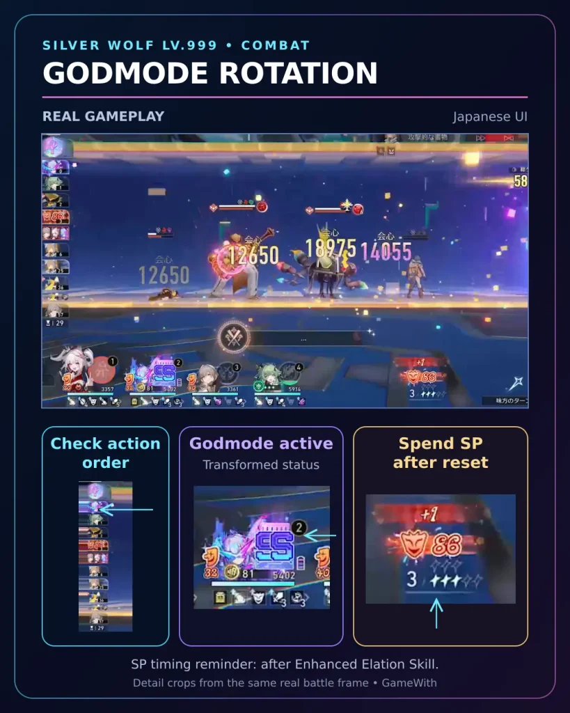Silver Wolf Lv.999 Godmode Player battle UI showing action order Zone and Elation setup