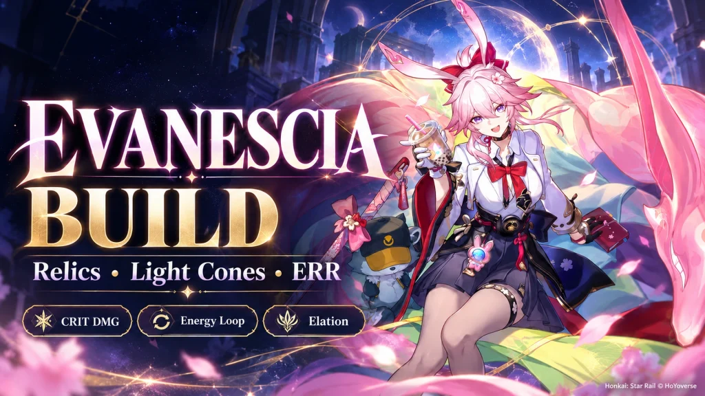 Evanescia build in HSR featuring CRIT DMG, Energy regeneration and Elation gear choices