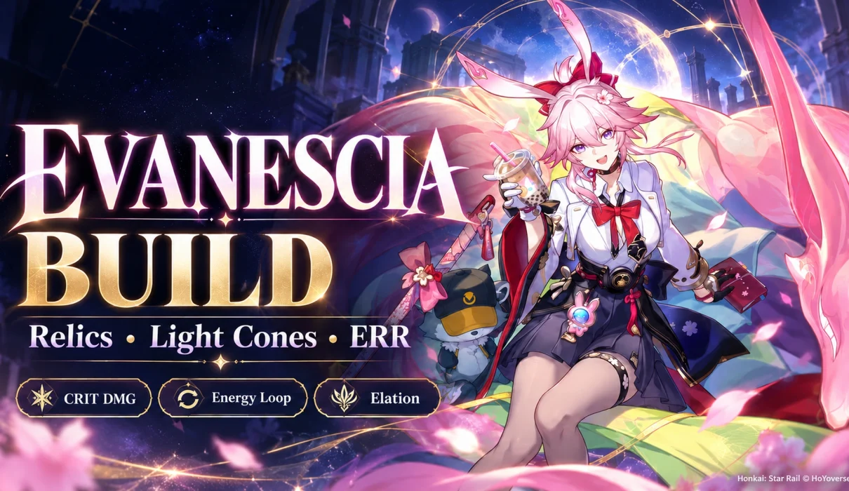 Evanescia build in HSR featuring CRIT DMG, Energy regeneration and Elation gear choices