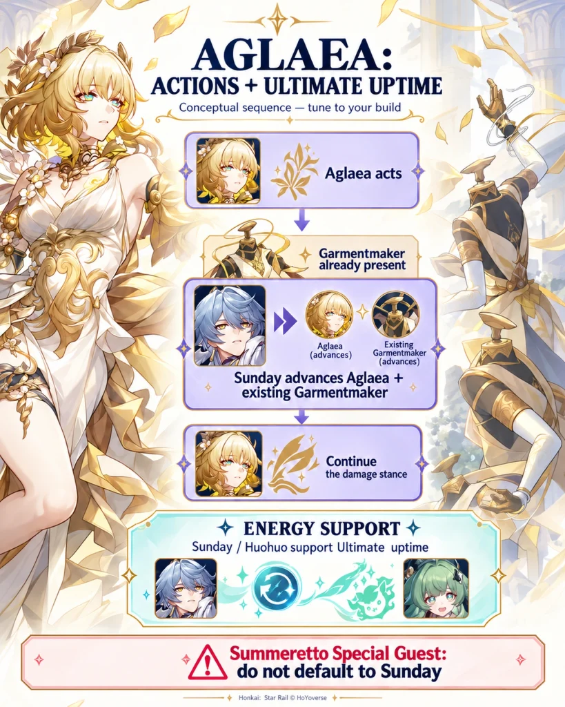 Aglaea and Sunday action flow with a separate Energy support lane and Special Guest warning