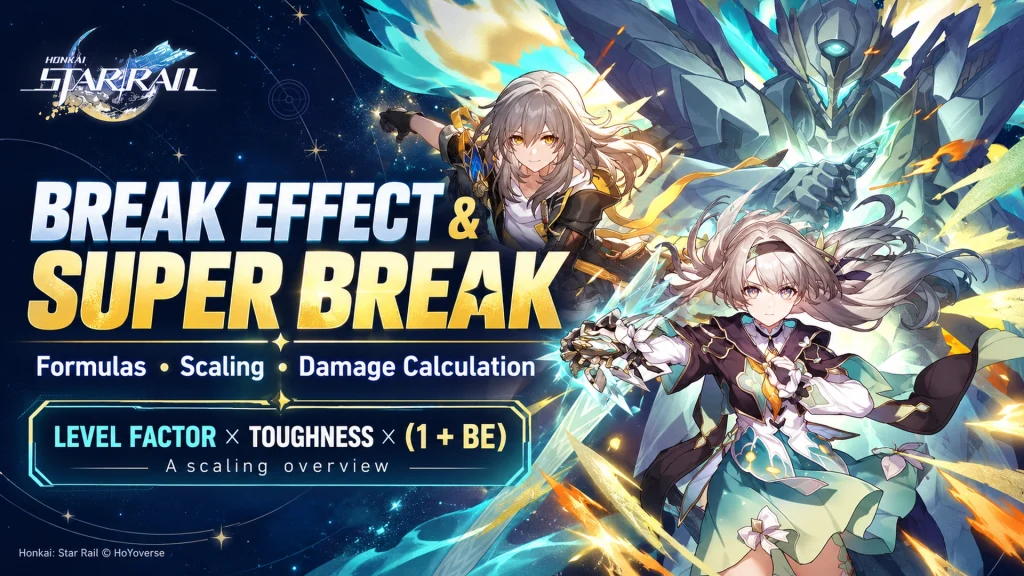 Firefly in SAM armor and Harmony Trailblazer beside a Break Effect and Super Break formula overview
