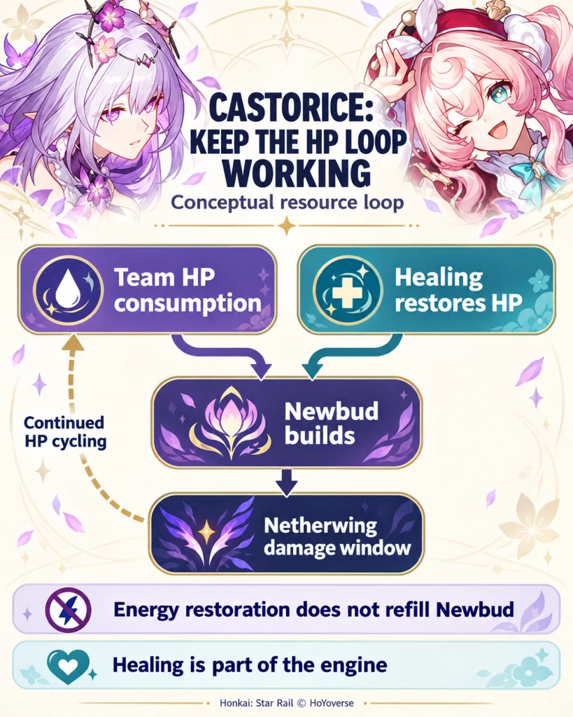 Castorice team flow showing HP consumption, healing, Newbud and Netherwing actions