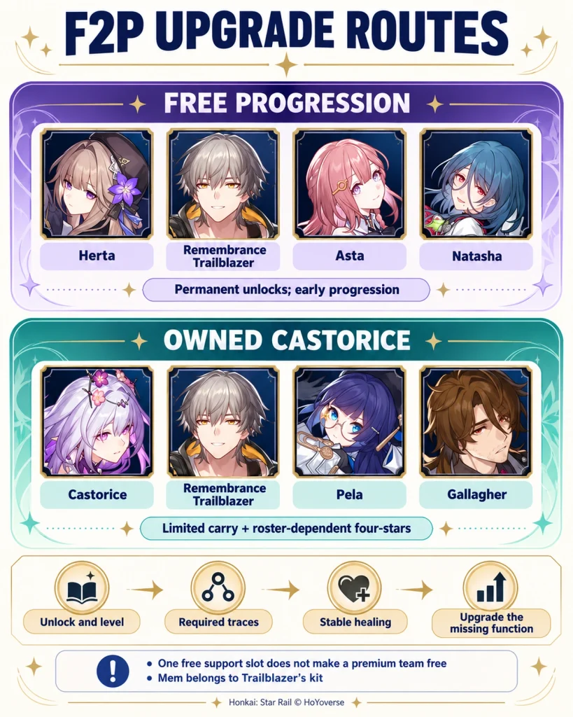 F2P Remembrance team routes separating free progression from an owned limited carry budget team