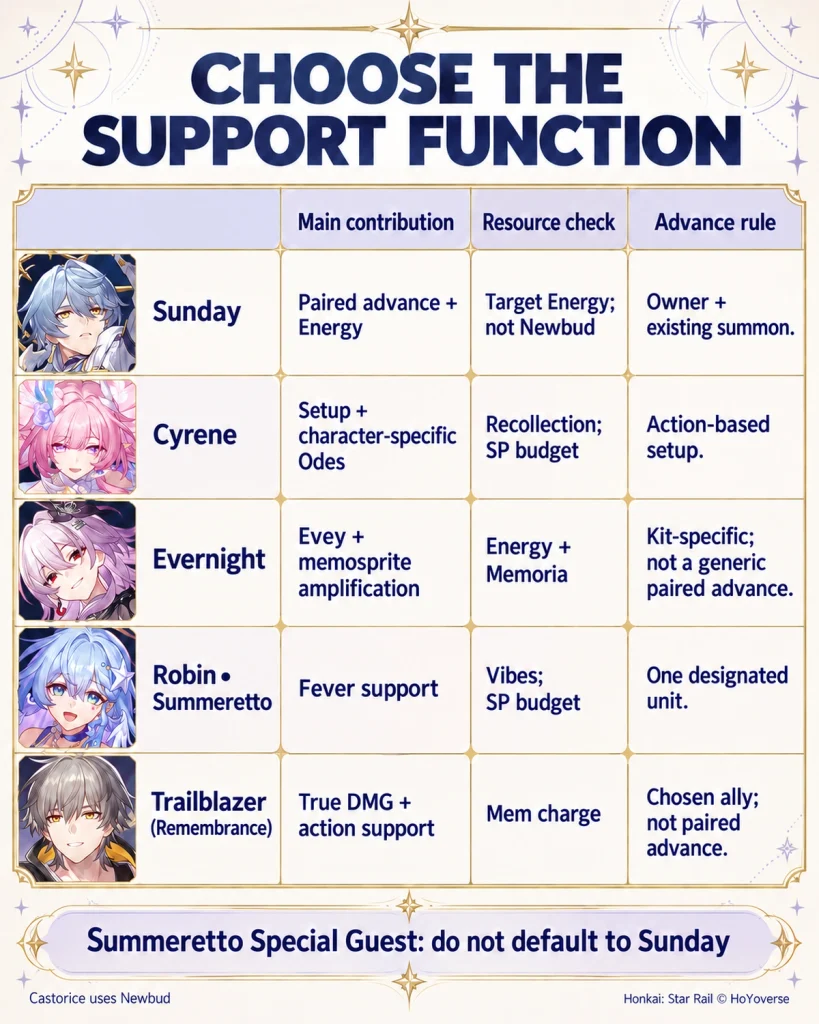 Comparison of Sunday, Cyrene, Evernight, Robin Summeretto and Mem support functions