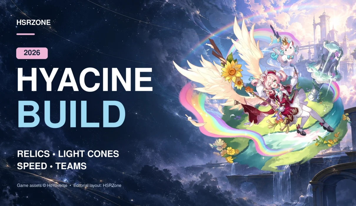 Hyacine and Little Ica with a Honkai Star Rail build guide for relics, Light Cones and Speed.